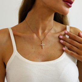 Nawflue Cross Necklace for Women 18K Gold Plated Cubic Zircon Cross Pendant Chain Necklace Adjustable Stainless Steel Trendy Christian Faith Jewelry
