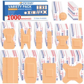 CXYARY 1000 Counts Assorted Bandages Bulk Variety Pack,12 Styles Flexible Heavy Duty Waterproof Bandages Individually Wrapped Used for Emergency Treatment and Skin Wound Care, Latex Free