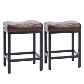Sweetcrispy Counter Bar Stools Set of 2, 24 Inch Barstools for Kitchen Island, Upholated PU Leather Kitchen Chairs with Thick Saddle Seat & Metal Base and Footrest, Dark Brown