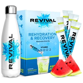 Revival Rapid Rehydration Starter Pack - 500 ml Steel Water Bottle with 1 x 6 Packs Electrolytes Powder Sachets - Watermelon