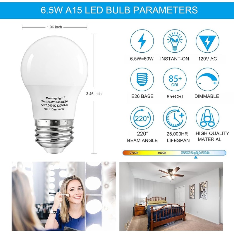 MorningLight A15 Ceiling Fan Light Bulb, 60 Watt Equivalent, 6.5W