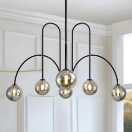 HCCZ Modern Black Sputnik Chandelier 6-Light Mid Century Chandelier for Dining Room with Smoke Gray Glass Globe Ceiling Pendent Light Fixture for Living Room Kitchen Island Foyer Bedroom
