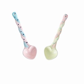 Generic 2 Pcs Couple Heart Shape Spoon Dessert Spoon Valentine's Day Birthday Gift, Pink Ceramic
