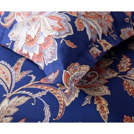 Eikei Home Luxury Jacobean Floral Garden 3 Piece Duvet Cover Set Beige Blue English Vintage Floral Pattern 100-percent Combed Cotton (King, Blue Coral)