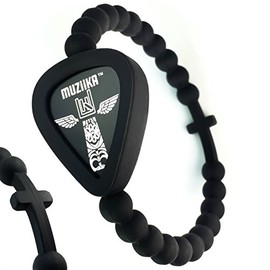MUZiiKA Guitar Pick Holder Bracelet By Pickbandz in Epic Black - holds up to 4 picks (two MUZiiKA picks included) select Beaded ONLY, w/SKULL or w/CROSS and (UNISEX) size (Small Beaded with CROSS)