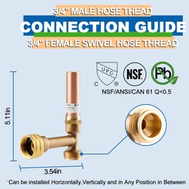AquaNeurk Copper Water Hammer Arrestor, 3/4 Inch MHT x 3/4 Inch Swivel FHT Angle Tee Hammer Arrestor, Thread Connection Applicable For Garden Hose, Sprinkler, Washing Machine