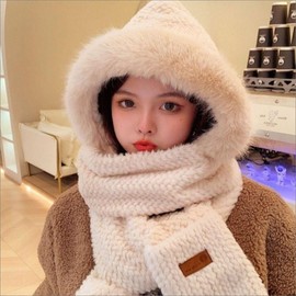 Women's Winter Warm Pompom Hooded Balaclava Scarf Integrated Coffee/ONE