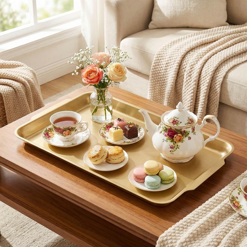 Rectangular Gold Decorative Metal Tray, Raised Edge Gold Platter (Large)