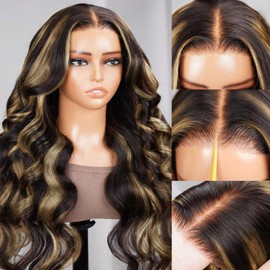 JKD 24inch 7x5 Glueless Wig Human Hair Pre Plucked Pre Cut 1B/27 Lace Front Wig Human Hair Highlight Ombre Lace Front Wig Balayage Black and Blonde Body Wave Wig With Baby Hair for women 180% Density