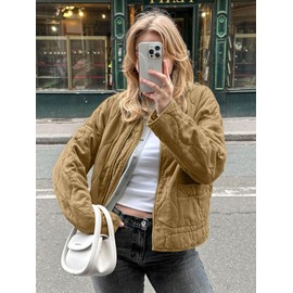 Tankaneo Womens Collarless Lightweight Quilted Jackets Casual Oversized Puffer Coats Zip Up Drawstring Outerwear