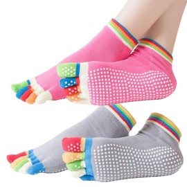 HGOCAHUZI 2 Pairs Yoga Socks Anti Slip Yoga Socks for Women with Grips Toe Socks for Women Non-Slip Five Toe Socks for Pilates Ballet Dance Workout Fitness