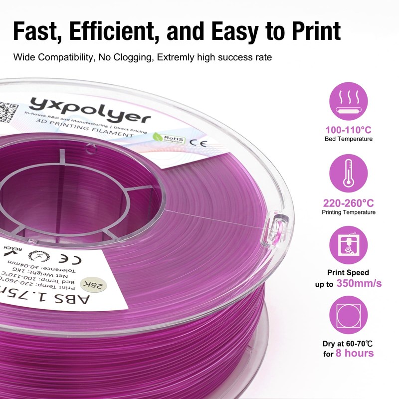 YXPOLYER ABS Filament Low Odor ABS+ 3D Printing Transparent Pink