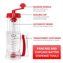 IEBIYO Batter Dispenser,3 In 1 Automatic Pancake＆Cupcake Batter Dispenser With Cake Mould，Bpa-Free Food-Grade For Pancake,Cupcakes, Waffles, Muffin Mix, Crepes, Cake Or Any Baked Goods (Red)