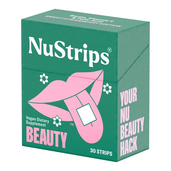 NuStrips Beauty | Strawberry Flavored Oral Strips with Biotin, Folate and Vitamin E | Vitamins for Hair, Skin & Nails | Maximum Absorption, Fast Results | 30 Individually Wrapped Strips