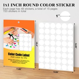 1 Inch Colored Dot Stickers Round Labels (720 Dots, 15 Sheets) - Round Color Coding Labels Circle Stickers for Organizing, Inventory, File Folders (White)