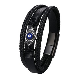 Flonge Evil Eye Leather Bracelet: Punk Rhinestone Evil Eye Pendant Leather Bracelet Multilayer Braided Wristband Wrap Bracelet with Black Magnetic Stainless Steel Clasp