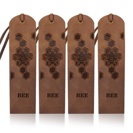 MAYJOYDIY 4pcs Bee Leather Bookmark 2×7inch Honeycomb Bookmark Gift Vintage Honey Bee Animal Bookmarks BEE Text Leather Page Markers for Book Lovers Men Women
