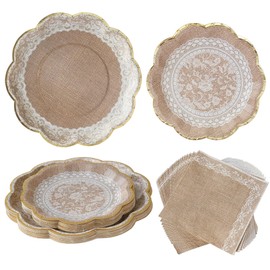 Kate Aspen Burlap & Lace Party Decorations 62 Piece Party Tableware Set, Rustic Charm Bridal Showers and Wedding Tableware for 16 Guests