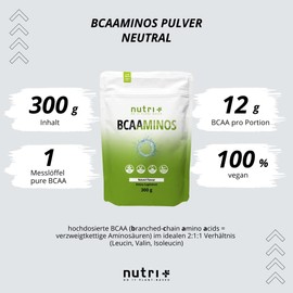 BCAA Powder Neutral - Highest Dose BCAAminos without Sweeteners, Sugar and Additives - Natural BCAAs are Essential Amino Acids - Vegan Instant Powder Unflavoured 300 g
