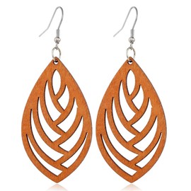 Boho Natural Wood Teardrop Geometric Lightweight Drop Circle Earrings Handmade Natural Retro Bohemia Retro Teardrop Earrings for Women (4 Retro Wood Earrings)