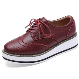 DADAWEN Women's Platform Lace-Up Wingtips Square Toe Oxfords Shoe Wine Red Leather US Size 5/Asia Size 35/22.5cm