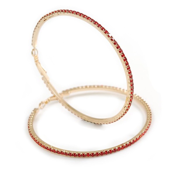 Oversized Slim Red Crystal Hoop Earrings In Gold Tone -