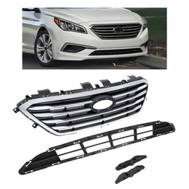 KUAFU Front Upper & Lower Grille & Bumper Bracket Compatible with 2015-2017 Hyundai Sonata 86350C2000 86561C2000 86513C2000 86514C2000 Bumper Grill + Bracket Chrome Black+Silvery 4Pcs