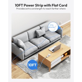 Surge Protector Power Strip 10 FT, Flat Extension Cord with 9 Widely Outlets 3 USB Ports(1 USB C), 1080J, Flat Plug, 3 Side Extension Cord with Multiple Outlets, Mounted, for Indoor Home Office, White