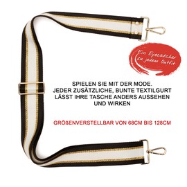 Shoulder strap, length-adjustable carrying strap, wide shoulder strap for bags, black and gold, 68 cm - 128 cm, carabiner in gold: 4 cm