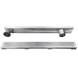 Neodrain 24-Inch Offset Side Outlet Linear Shower Drain with Quadrato Pattern Grate Cover, Brushed 304 Stainless Steel Rectangle Shower Floor Drain, with Leveling Foot, Hair Strainer Catcher