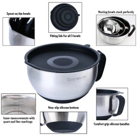 Rorence Stainless Steel Non-Slip Mixing Bowls With Pour Spout, Handle and Lid, S