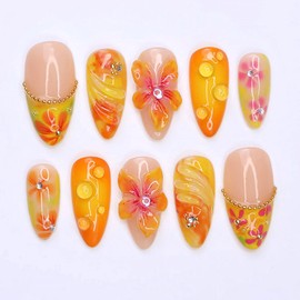 30Pcs Orange Flower Press on Nails Medium Almond Handmade Fake Nails with Gold Rhinestones Design French Tip False Nails Reusable Full Cover Artificial Glue on Nails Summer Glue on Nails for Women DIY