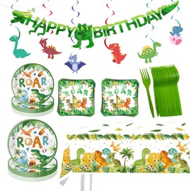 88PCS Dinosaur Birthday Party Decorations Include Disposable Tableware Set with Plates, Napkins,Forks, Tablecloth, Banner,Hanging for Baby Shower Decos Boys and Girls and Dinosaur Theme Party