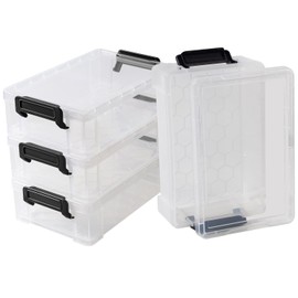 Clear Pencil Box Plastic Storage Containers 4 Pack, Latch Storage Box for Desk, Small Durable Storage Container Bins with Lids for Art Supply, Stackable Small Container, Clear Base (Black Handles)