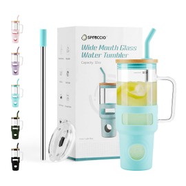 Spreccio Glass Tumbler with Handle, 32oz Reusable Iced Coffee Cup, Light Blue Glass Tumbler with Straw and Lid, Glass Water Bottles Fit in Cup Holder, Smoothie Cup