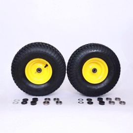 Dayrim 2 Pcs 15x6.00-6 Lawn Mower Tires with yellow Rim, 4-Ply Tubeless, 3" Offset Hub, 3/4" Bore Bearing, Wheel & Tire Assembly, Turf Tread for Riding Mowers & Garden Tractors. (yellow, 15x6-6)