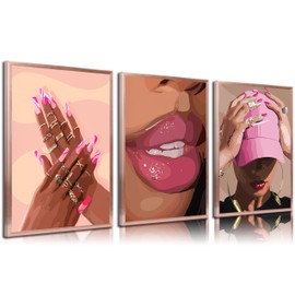 3 carteles de lona para mujer afroamericana negra, color rosa, a la moda, para decoración de pared, para el hogar, sala de estar, recámara, baño, sin marco