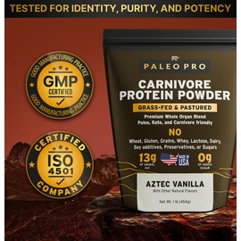 PaleoPro Carnivore Complete (Aztec Vanilla) Pastured & Cage-Free Protein, Grass-Fed Beef Tallow, Beef Organs | No Sugar, Soy, Grains or Net Carbs | Gluten Free. Paleo & Keto Macros (15 Servings)