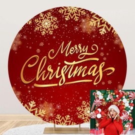 OERJU Merry Christmas Round Backdrop Cover Round Christmas Photo Backdrop Christmas Backdrops for Photography Snowflake New Year Xmas Eve Winter Holiday Party Decoration Photo Studio Booth Prop 7.2ft