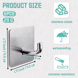 GTILE 6Pcs Adhesive Hooks, Heavy Duty Sticky Wall Hooks, Waterproof Shower Stick on Hooks for Hanging Coat, Silver Self Adhesive Wall Hooks for Bathroom Kitchen Office and Outdoor Hanging (Silver)