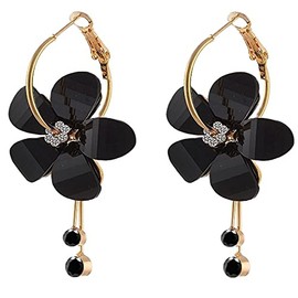 Romantic Colorful Cubic Zircon Crystal Acrylic Rose Flower Round Circle Hoop Dangle Drop Earrings Elegant Petal Pendant Tassel Jewelry for Women-black