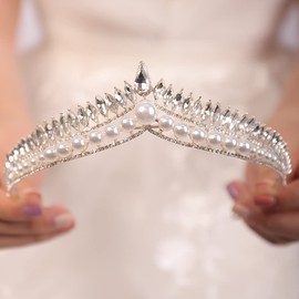 JWICOS Pearl Crystal Girl Tiara Crown Wedding Supplies for Brides and Bridesmaid Rhinestone Bridal Headband Pageant Prom Wedding Hair Accessories for Women and Girls