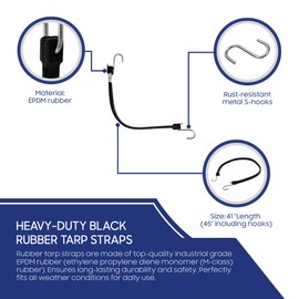 Tarps Now 41” EPDM Rubber Tarp Straps, (41 inches) - Heavy Duty Rubber Cords Bungee Straps with S Hooks for Securing Tarps, Canvas, Camping, Canopy, Cargo and Scaffolding - Black, 50 Pieces