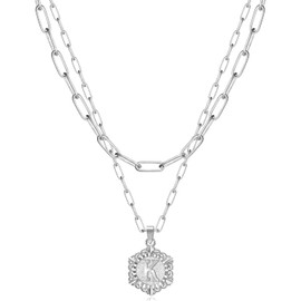 KissYan Initial Necklaces for Women, 14K Gold Plated Hexagon Letter Pendant Silver Chain Dainty Layered White Gold Paperclip Link Adjustable Capital A-Z Choker Necklace Trendy Jewelry Gifts