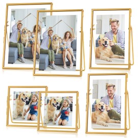 Jajamy Set of 6 Gold Glass Floating Picture Frame, Glass Pressed Flower Frames Collection, 4"x 4", 4"x 6", 5"x 7" Gold Picture Frame for Stand Tabletop Photo Display