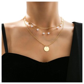 Inilbran Boho Layered Disc Coin Necklace Choker Gold Pearl Choker Necklace Vintage Station Pearl Necklace Multilayer Coin Pendant Necklace Jewellery for Women and Girls