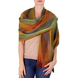 NOVICA Artisan Handmade Rayon Shawl Guatemalan Accessories Shawls Orange Green Multicolor Patterned Woven Bohemian Travel Friendly ' Nature' S Ethereal Inspiration'