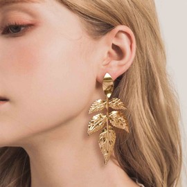 Cimenexe Bohemian Metal Leaf Dangle Earrings Gold hammered Leaf Earrings Large Leaf Stud Earrings Statement Leaf Plant Earrings Jewelry for Women and Girls Gifts