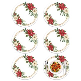 Tarklanda Christmas Placemats Set of 6, 13.4 Inch Round Washable Vinyl Dining Table Mats Xmas Poinsettia Floral Plastic Placemats for Home Kitchen Winter Holiday Party Decor