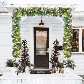 DearHouse 9FT Christmas Pine Garland with 50 LED Ligths, Winter Prelit Christmas Garland with Spruce Cypress for Holiday Season Mantel Fireplace Table Runner Centerpiece Xmas Decoration